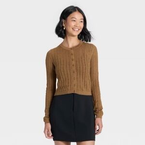 🌺NWOT A NEW DAY BROWN POINTELLE CARDIGAN SWEATER SIZE MEDIUM🌺